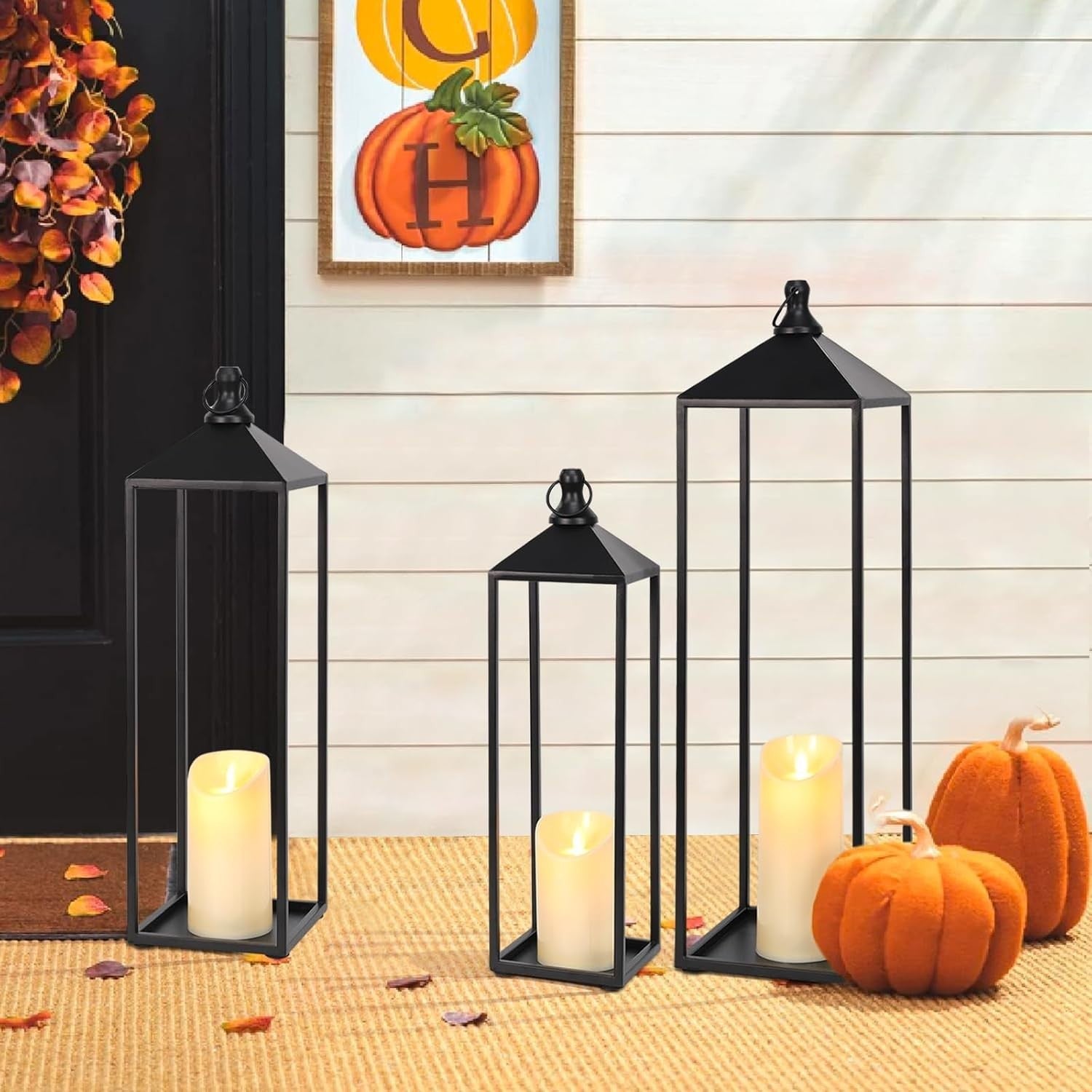 MATAHUM Set of 3 Black Metal Candle Lanterns 22'' 19'' 17'' Indoor Outdoor