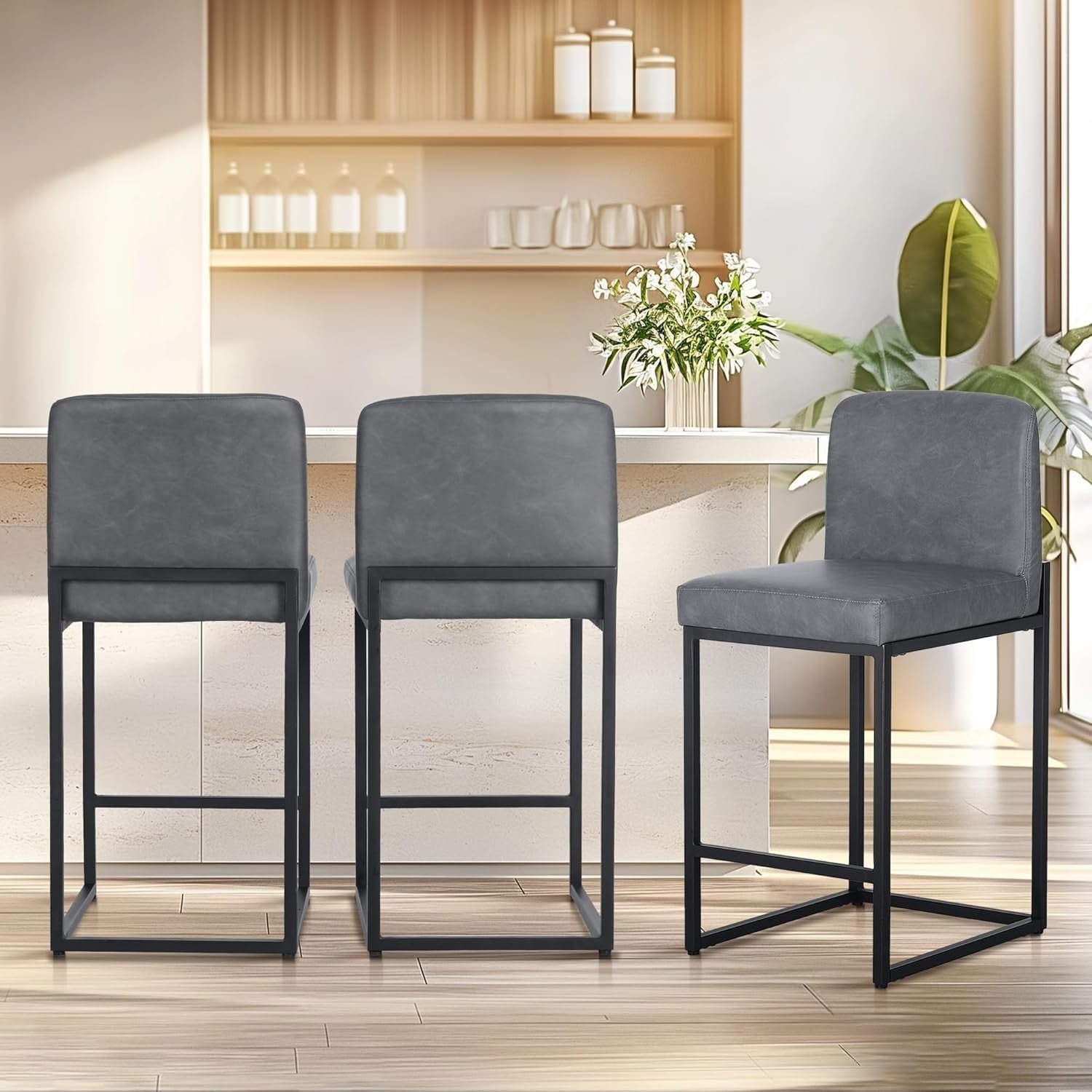 Grey PU Leather Bar Stool – Modern Kitchen & Breakfast Counter Chair