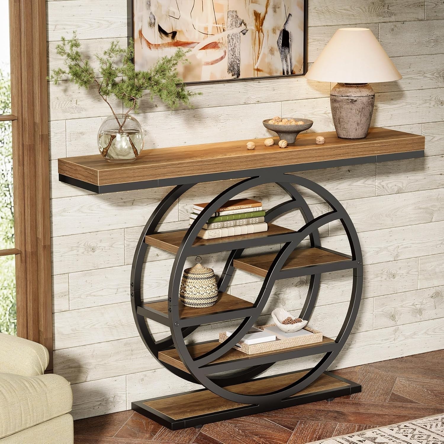 Industrial Console Table with Circle Base, 5-Tier Shelf, Narrow Entryway Decor