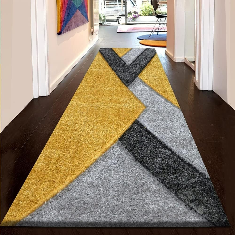 Large Ochre Grey Geometric Shaggy Rug 160x230cm Soft Non Shed Area Carpet