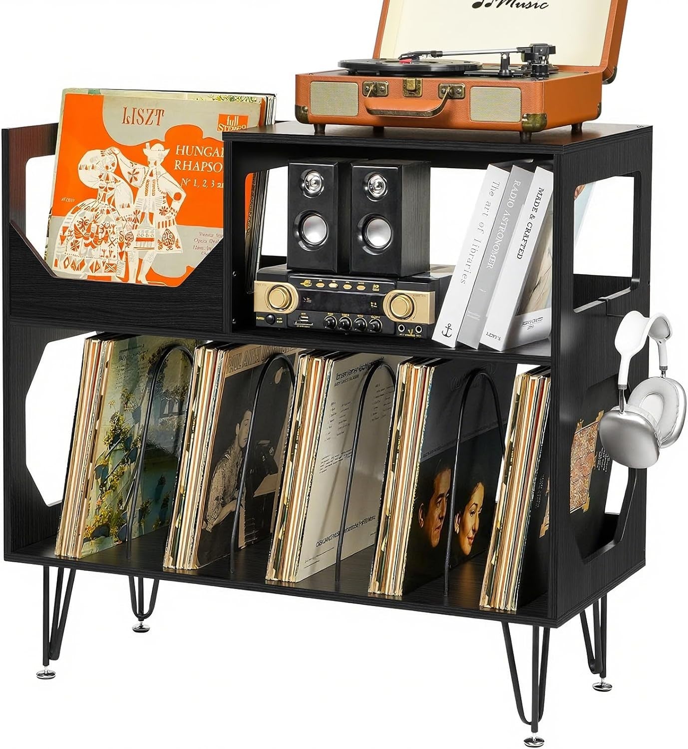 Large Record Player Stand Vinyl Storage Cabinet Holds 370 Albums Black