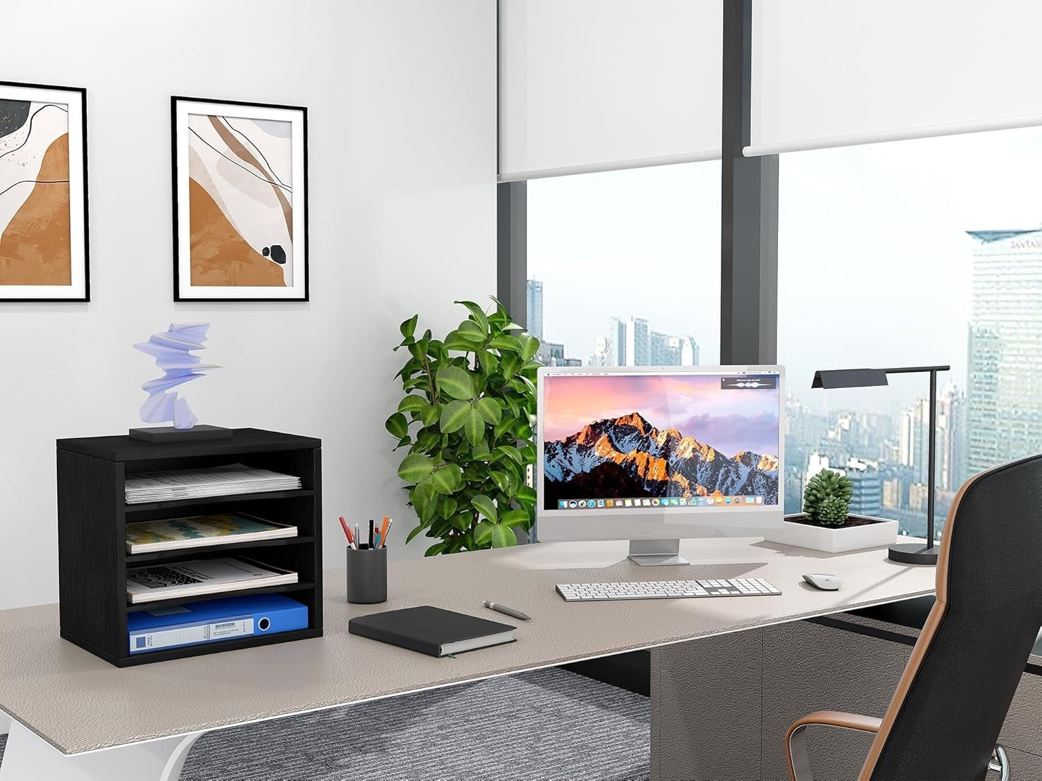 4 Tier A4 Desk File Organizer Wooden Paper Tray Office Magazine Rack Black