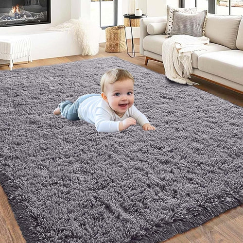 Large Shaggy Rug 200x290cm Grey Soft Fluffy Thick Pile Non Slip Bedroom Carpet