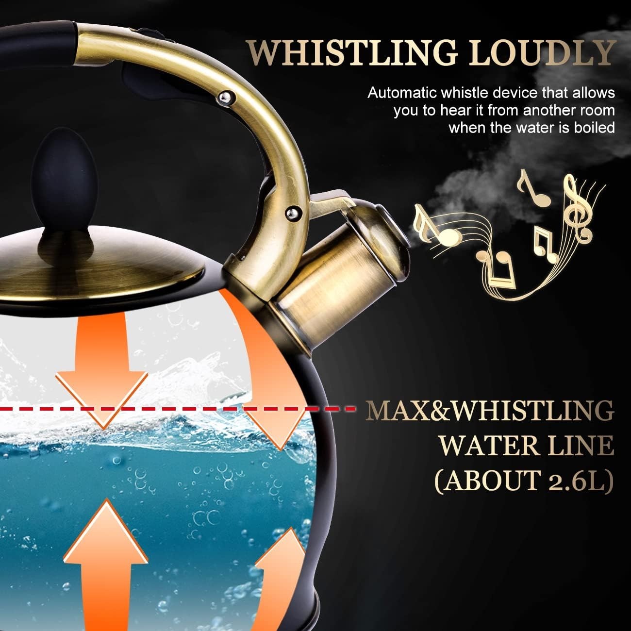 3L Whistling Tea Kettle Stainless Steel Stove Top Teapot Black