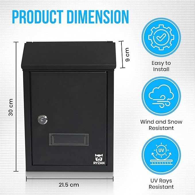 Secure Wall Mounted Mailbox Outdoor Letterbox Black Steel Lock Post Holder