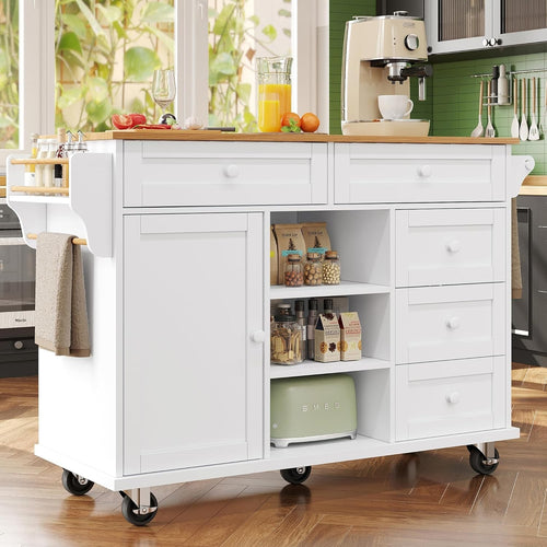 White Kitchen Island Trolley Cart with Adjustable Storage & Wheels 134cm