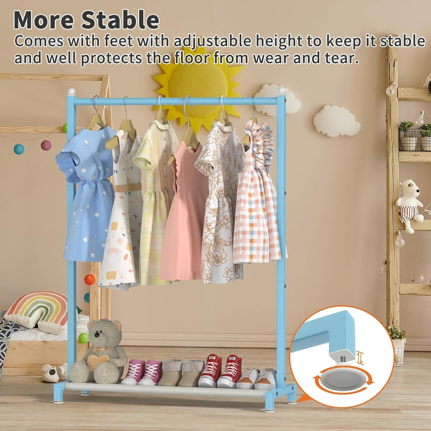 Blue Kids Clothing Rack with Shelf & Adjustable Feet 117cm