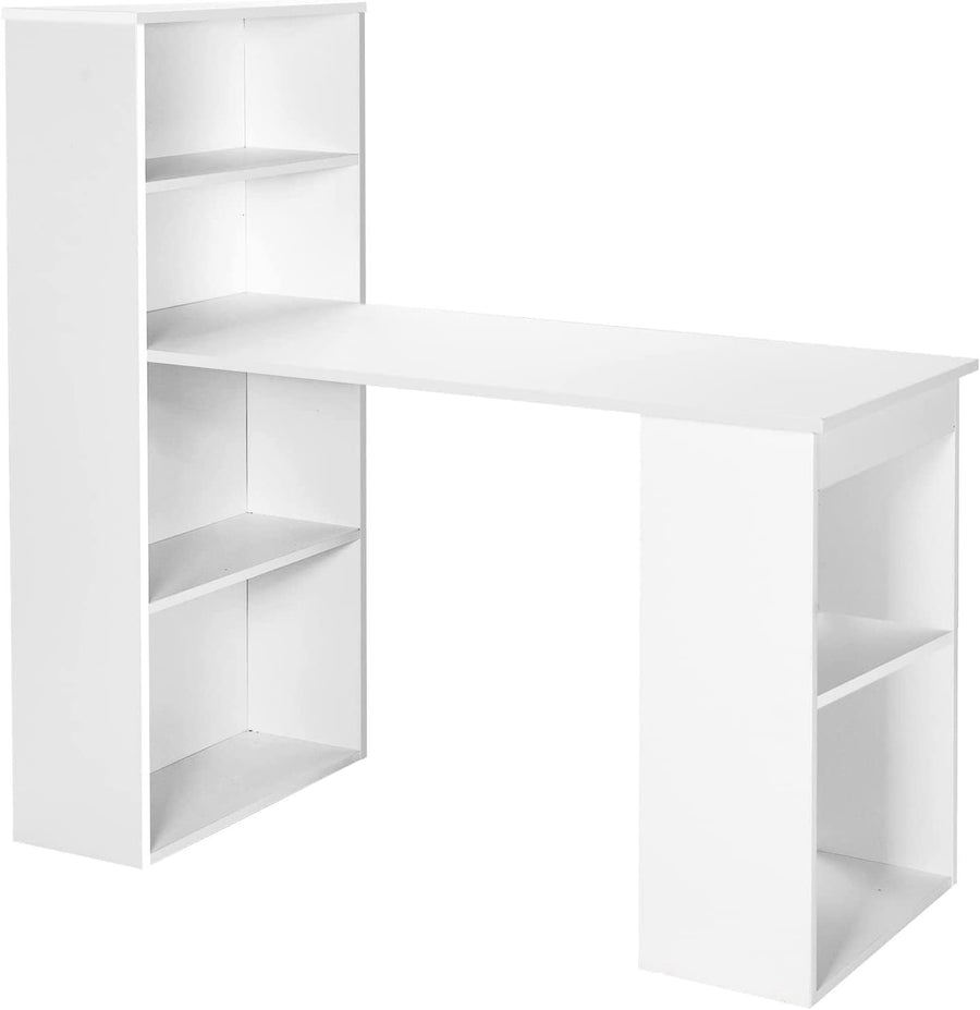 122x52x120cm White Office Desk with Bookshelf & Storage Shelves