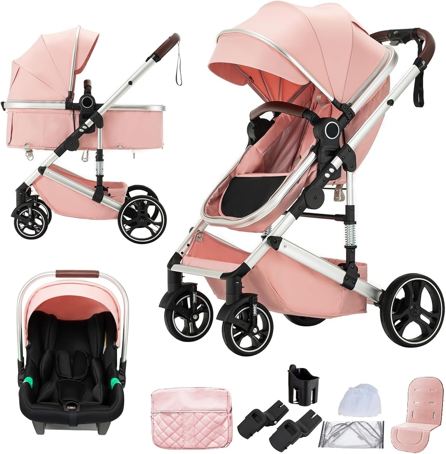 Pink 3in1 Baby Pram Pushchair Travel System One-Touch Fold Newborn–22kg