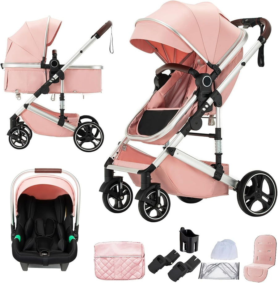 Pink 3in1 Baby Pram Pushchair Travel System One-Touch Fold Newborn–22kg