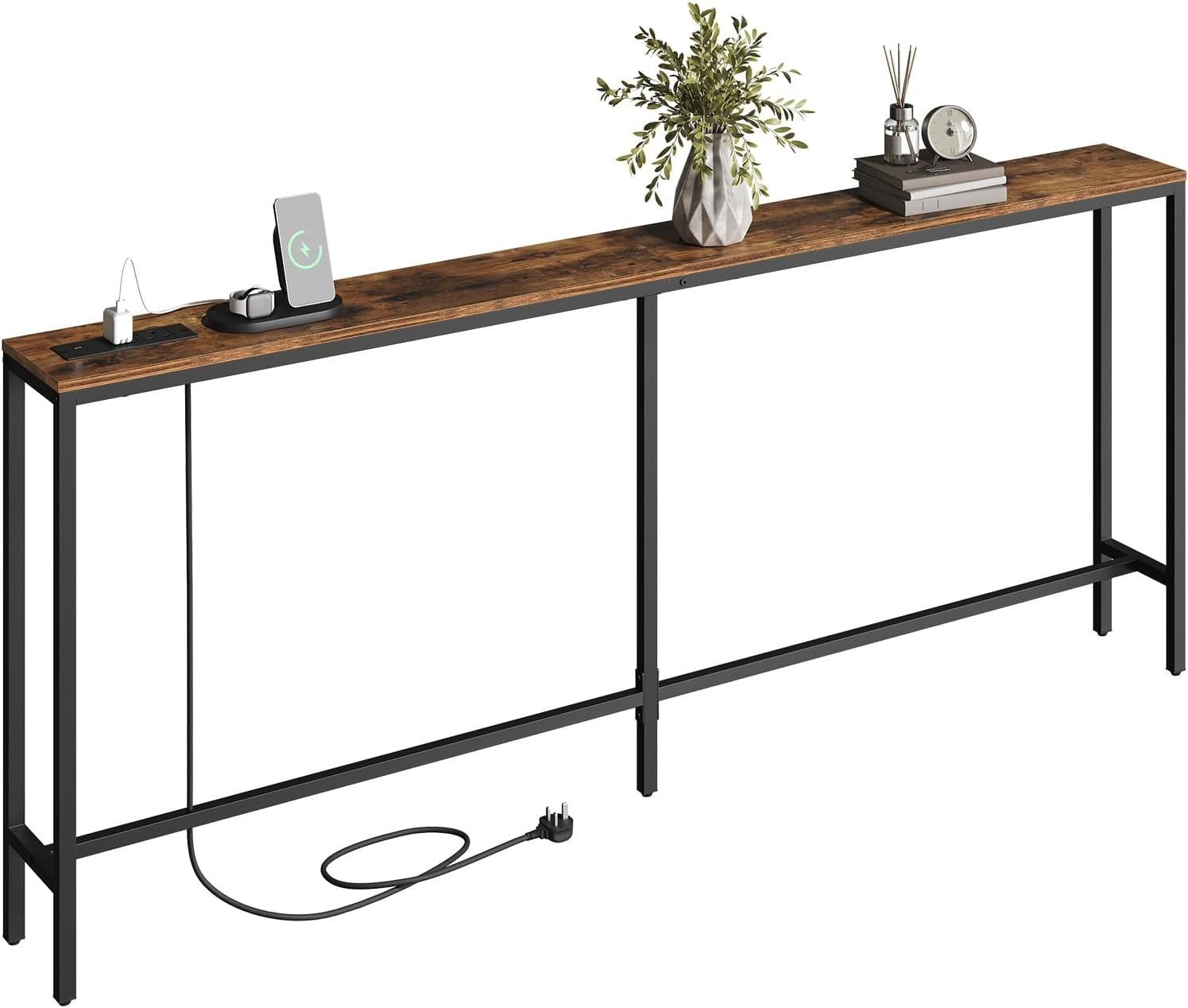 Rustic 200cm Slim Console Table with USB & Power, Ideal for Hallway/Sofa