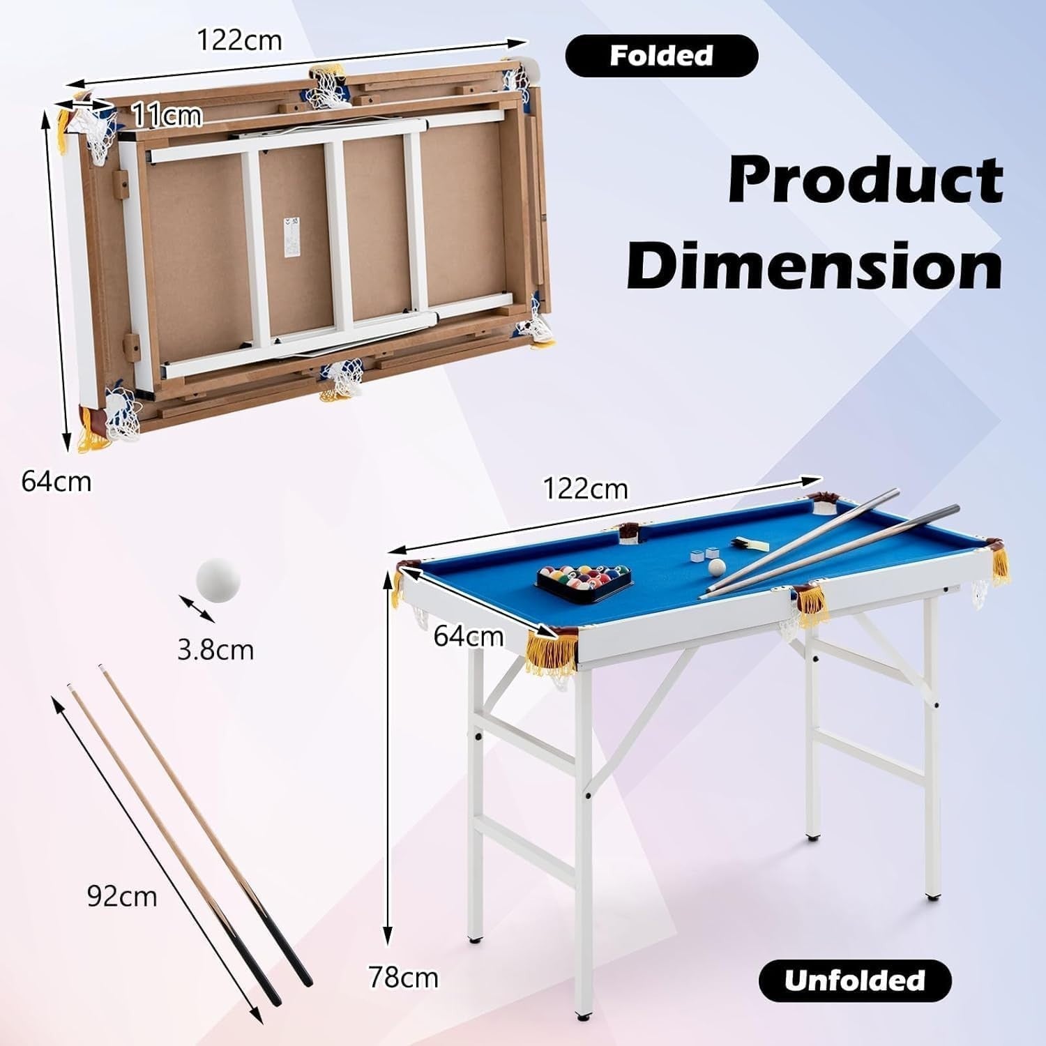 4FT Foldaway Pool Game Table Portable Family Billiards Set Blue