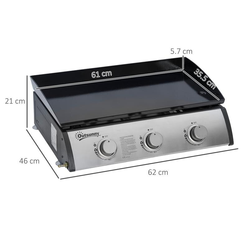3 Burner Gas Plancha Grill Tabletop BBQ with Regulator, Hose & Non-Stick Top