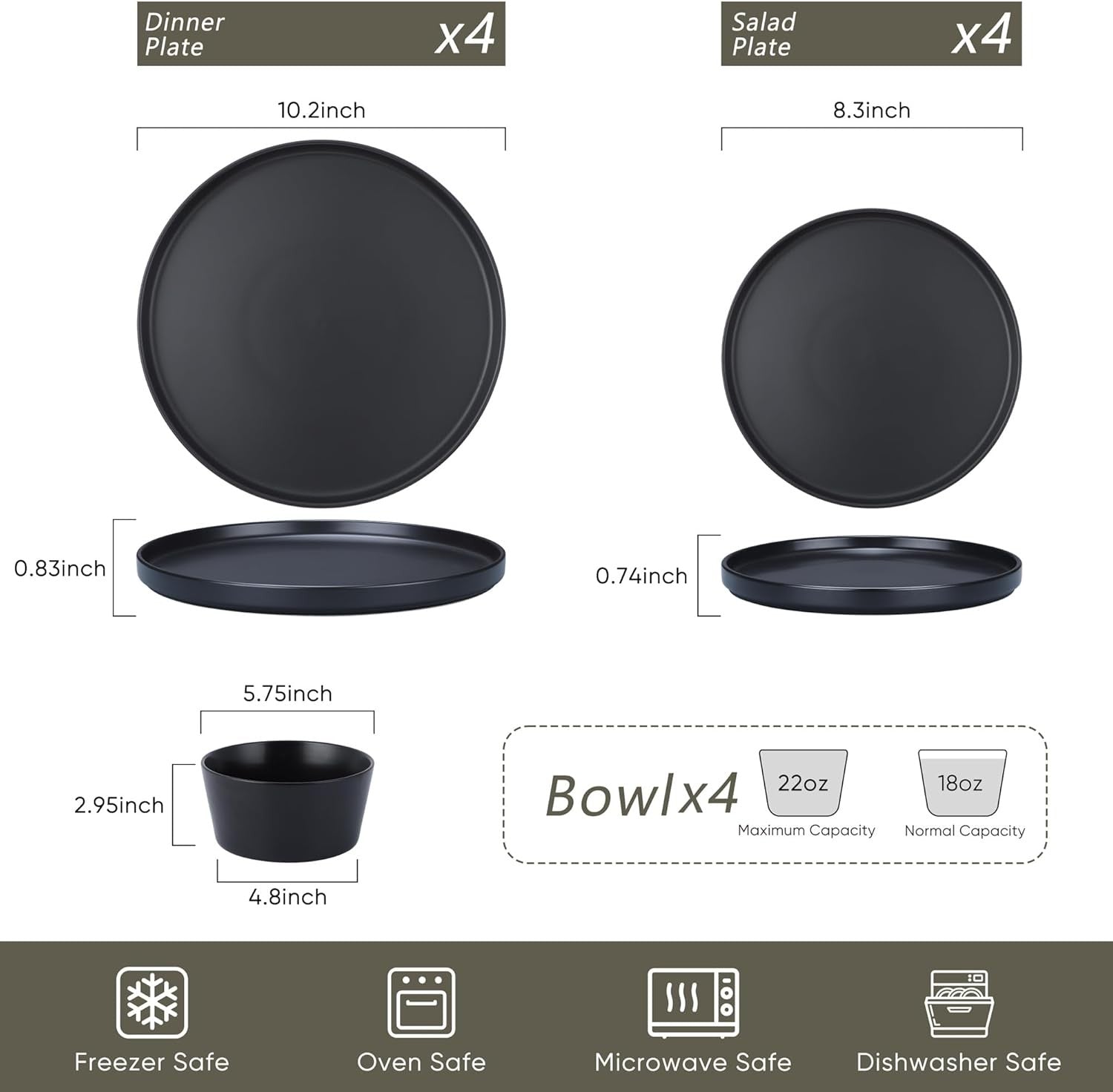12pc Matte Black Stoneware Dinner Set Plates Bowls Dishwasher Safe