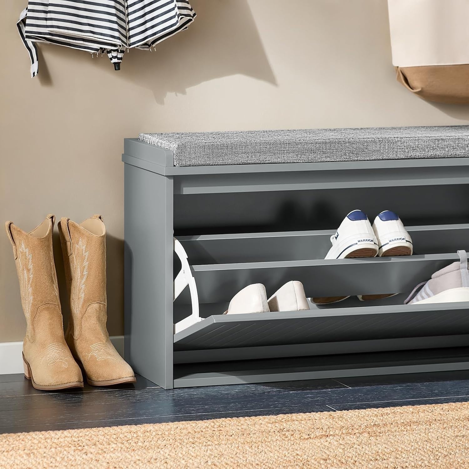 Grey Shoe Storage Bench with Cushion – Flip Drawer Seat, Space Saving 80cm