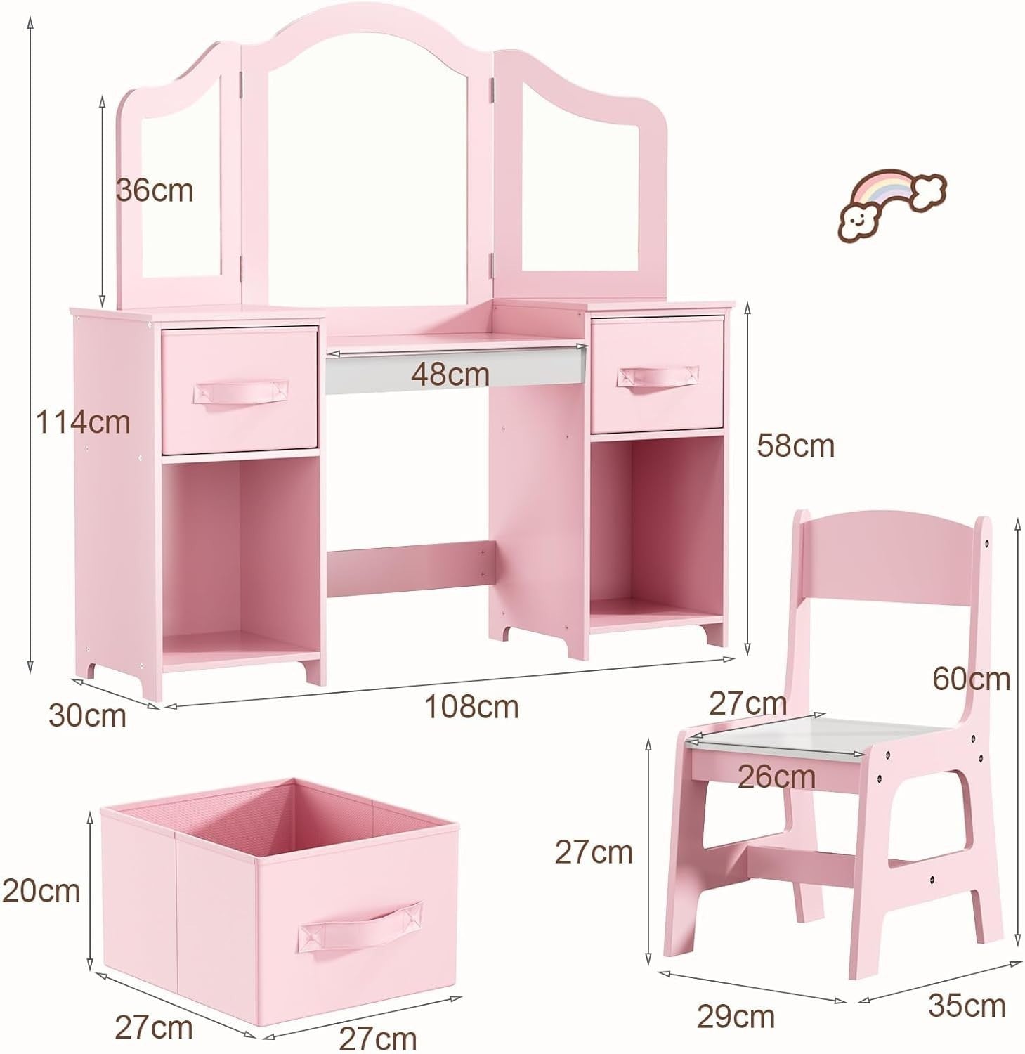 Kids Vanity Table & Chair Set w/ Mirror & Storage Pink White Makeup Desk Girls