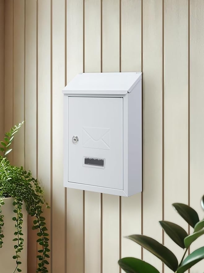 Lockable Wall Mounted Mailbox White – Weatherproof Steel Post Box for A5 Letters