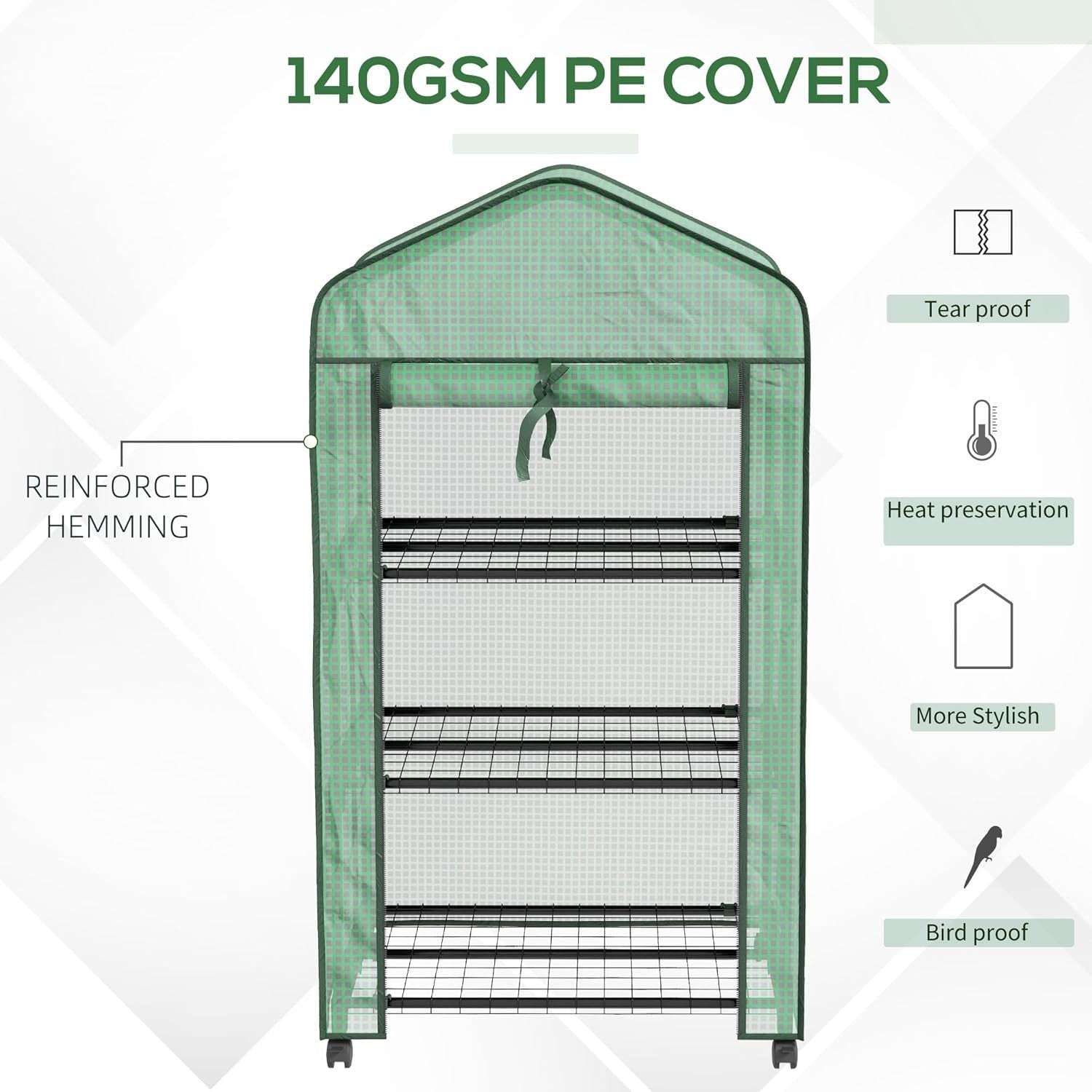 3 Tier Mini Greenhouse with Wheels Reinforced PE Cover Roll-Up Door
