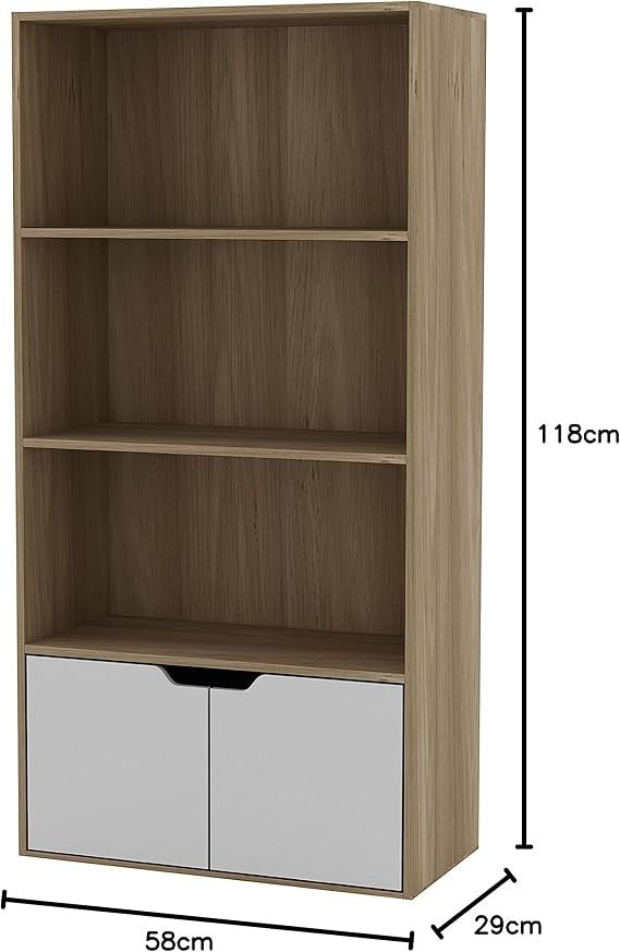 Modern Oak 4-Tier Wide Bookcase with White Door Cupboard – Wooden Shelf Unit