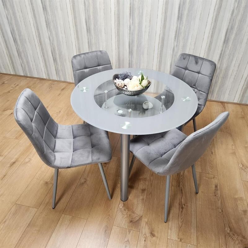Round Glass Dining Table Set with 4 Grey Chairs Modern Kitchen Room