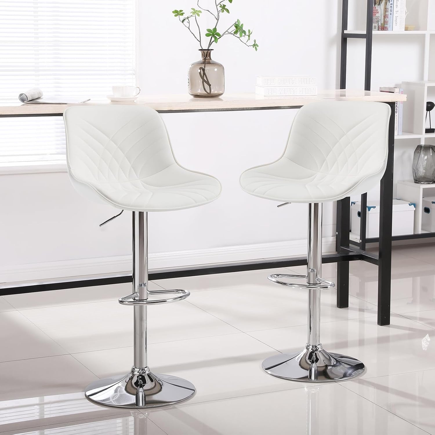 Adjustable White Faux Leather Bar Stools Set of 2 | Swivel Kitchen & Counter
