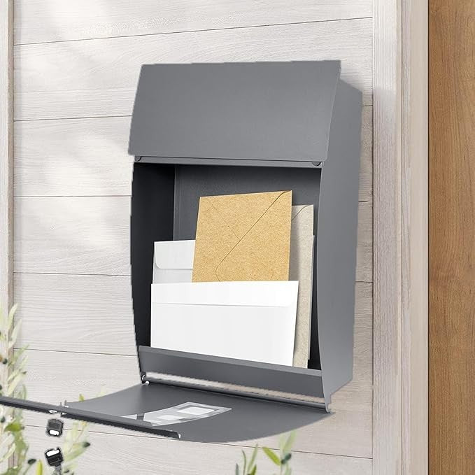 Wall-Mounted Lockable Mailbox Grey | Waterproof Steel Post Box | Large Secure