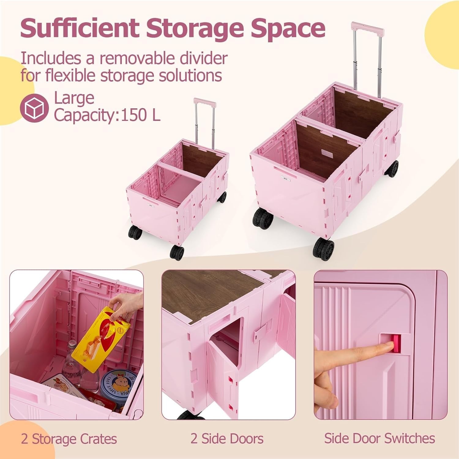 Pink 150L Folding Shopping Trolley Collapsible Wagon Cart w/ Telescopic Handle