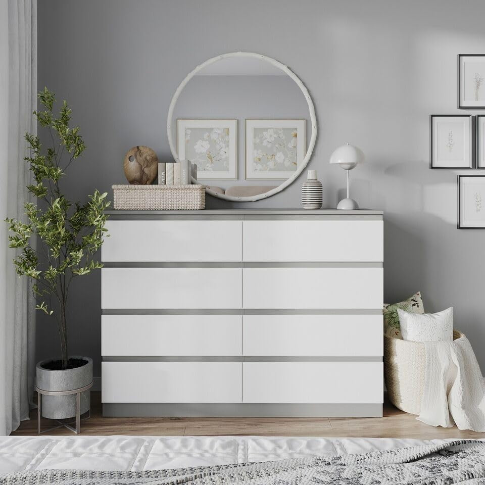 Grey White 8 Drawer Chest Modern Bedroom Storage Cabinet Tall Dresser