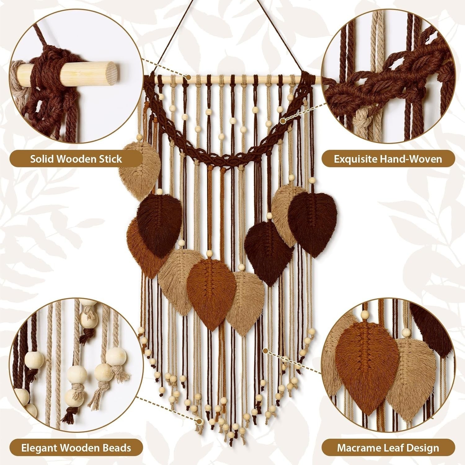 Macrame Wall Hanging Boho Leaf Woven Decor Khaki Brown