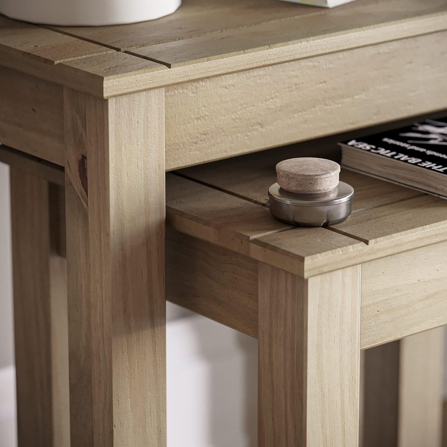 Modern Nesting Coffee Side Tables Pine Wood Living Room Furniture Beige New