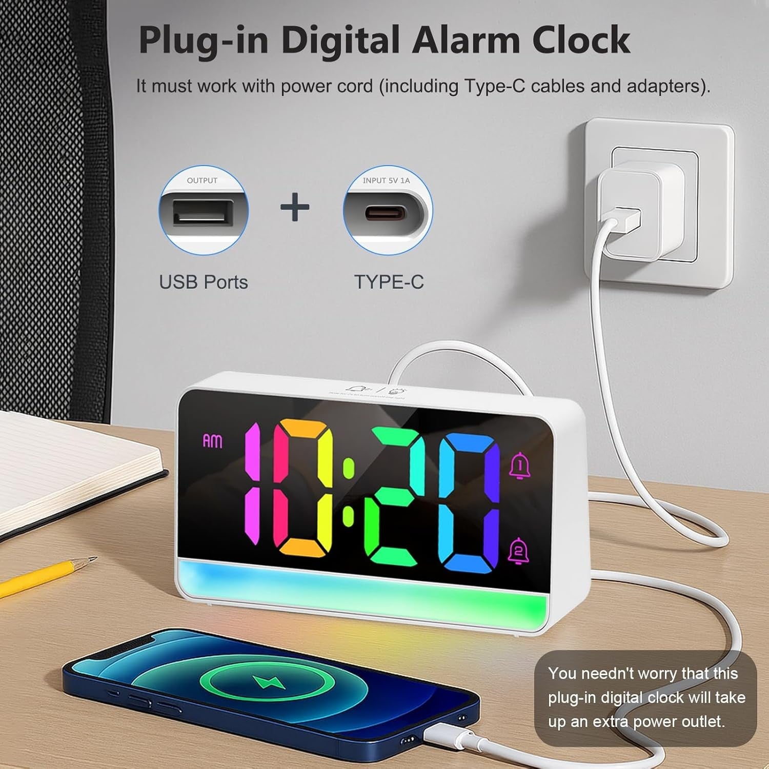Super Loud Alarm Clock for Heavy Sleepers RGB Display USB Charging