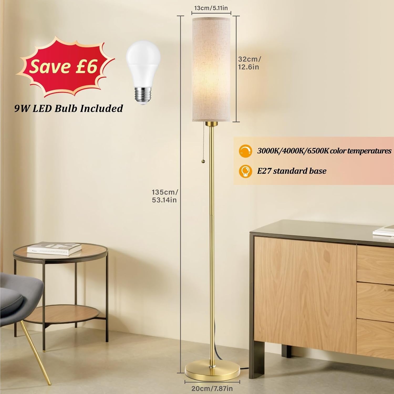 Gold Linen Floor Lamp Standing Light 3 Colour Temperatures LED Pull Chain