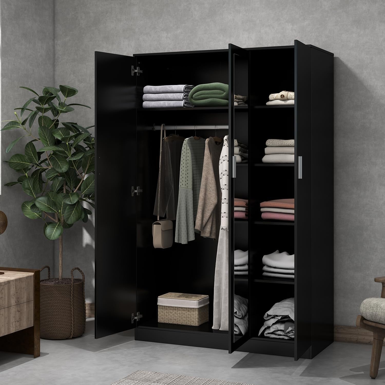 3-Door Mirrored Wardrobe with 6 Storage Compartments & Hanging Rail, Black