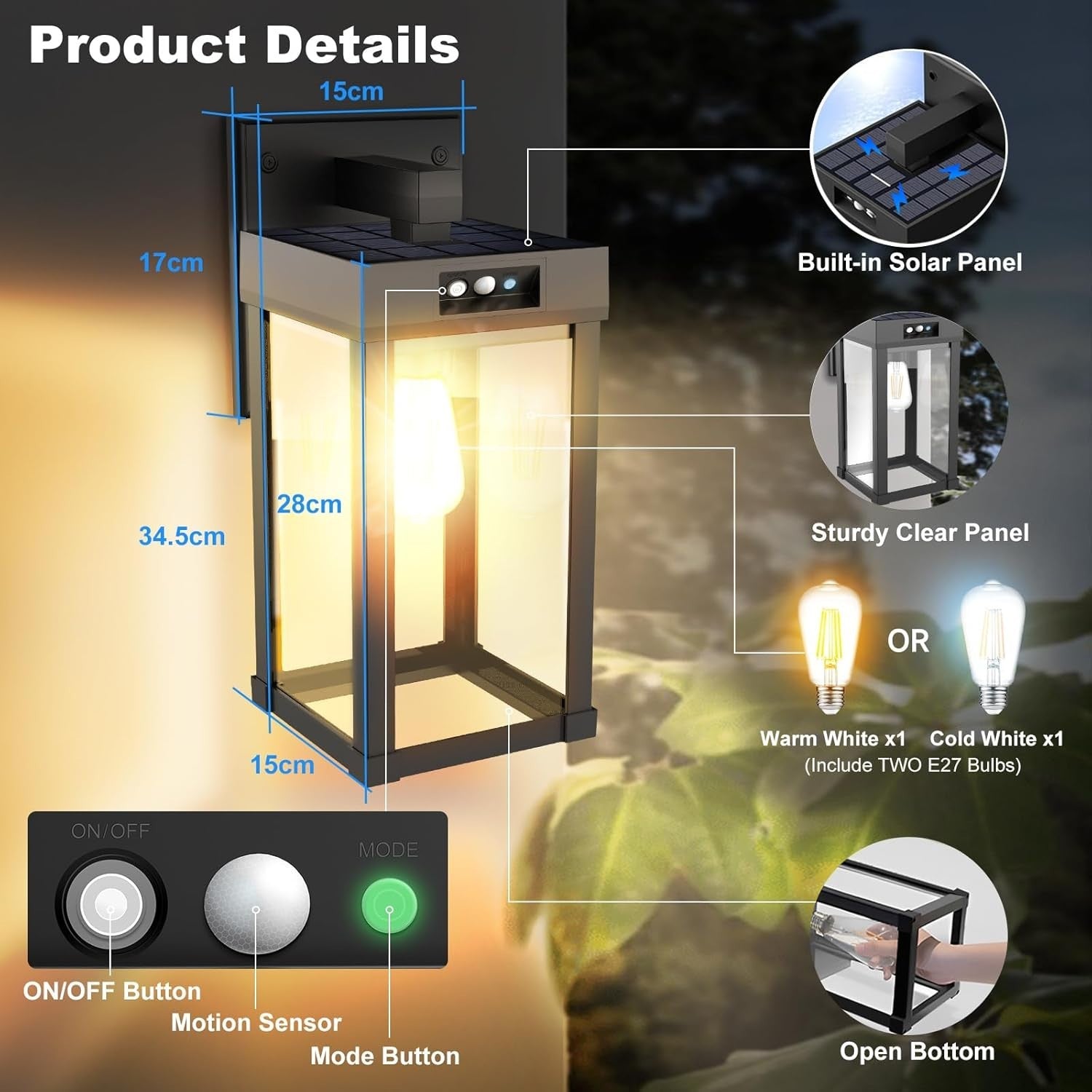 COLBOR Solar Wall Lights 2 Pack Motion Sensor Outdoor Security Lamp IP65