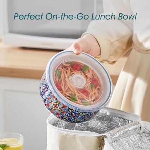 36oz Ceramic Bowls with Lids Set of 4 Bohemian Meal Prep Storage