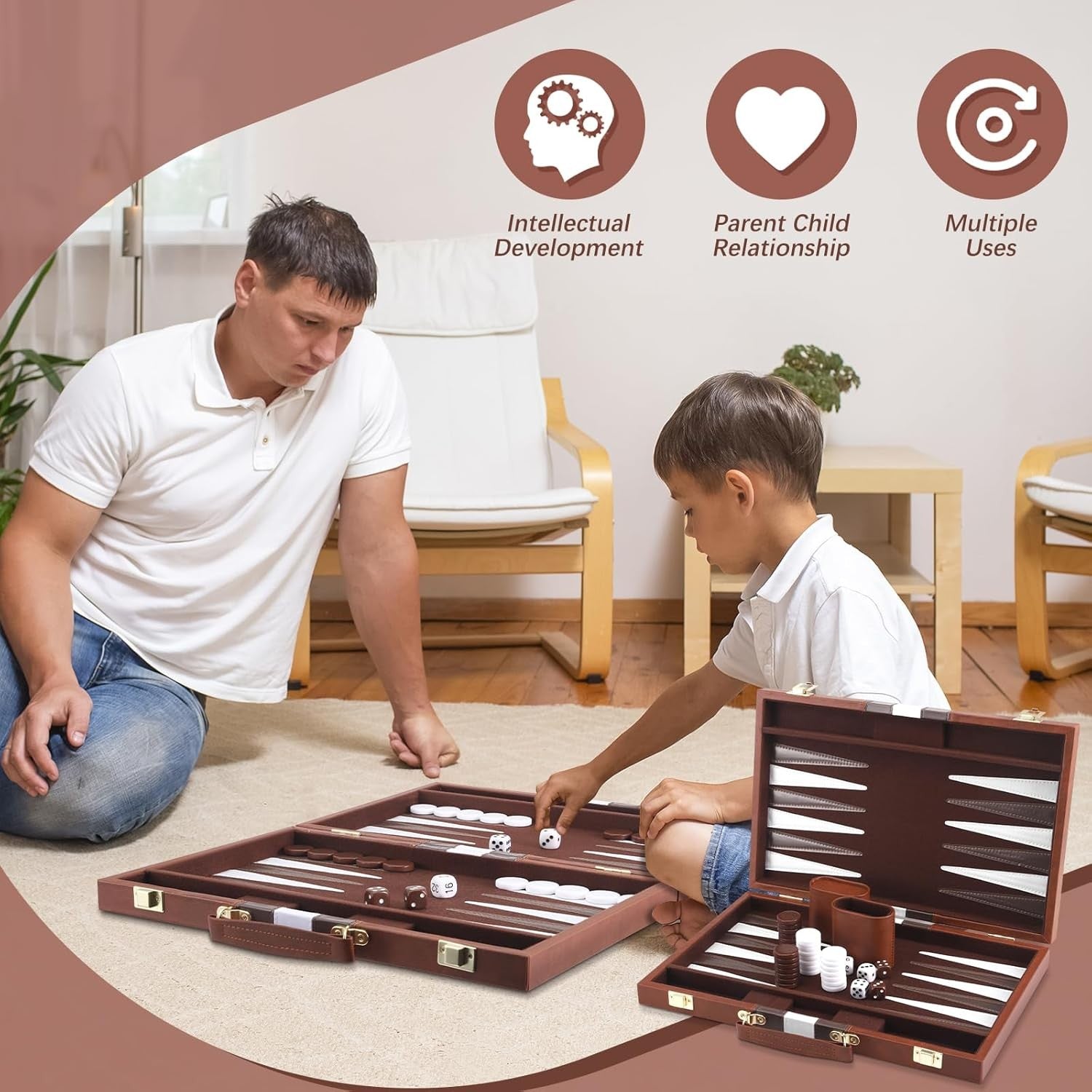15 Inch Backgammon Set Leather Case Portable Travel Board 2 Players