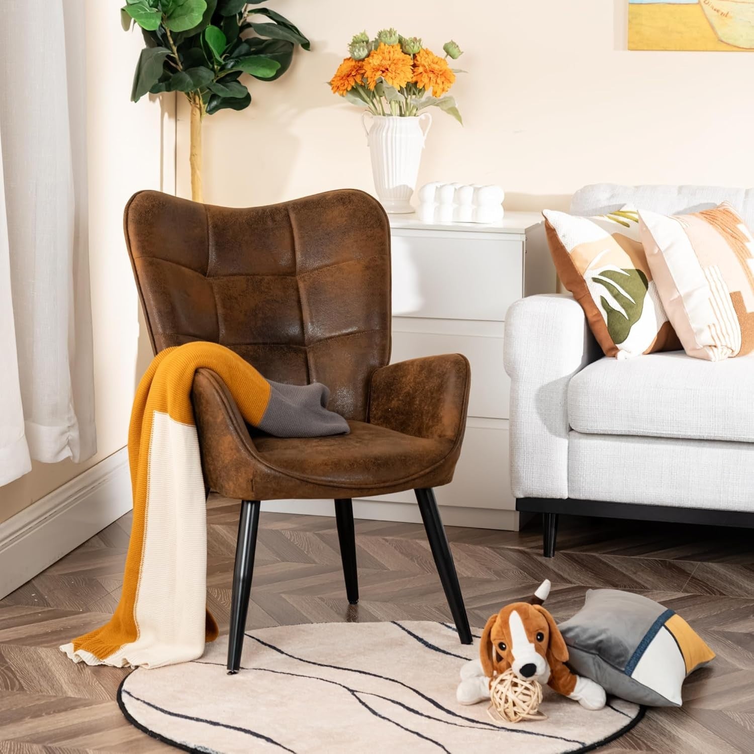 Brown Suede Wingback Accent Armchair with Padded Seat & Metal Legs