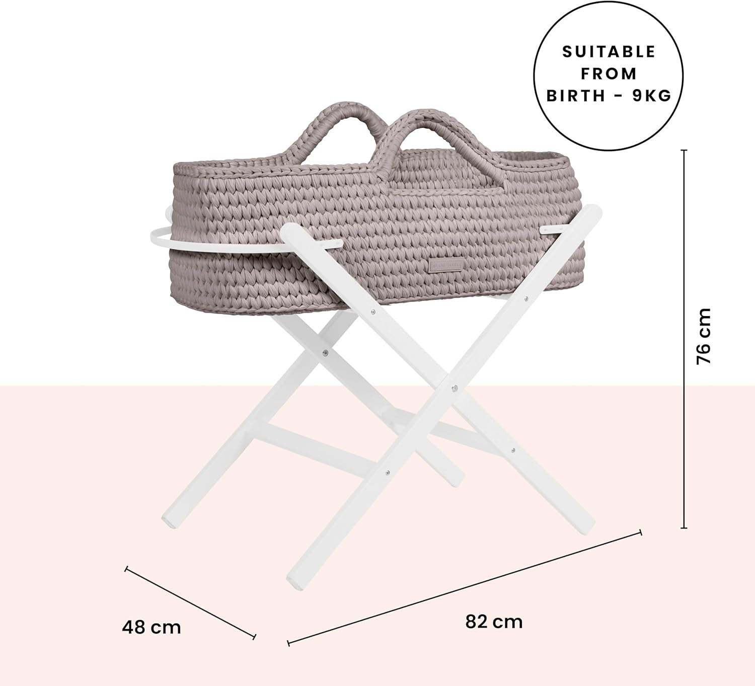 Crochet Moses Basket with Foldable Stand & Mattress Lightweight Tawny White