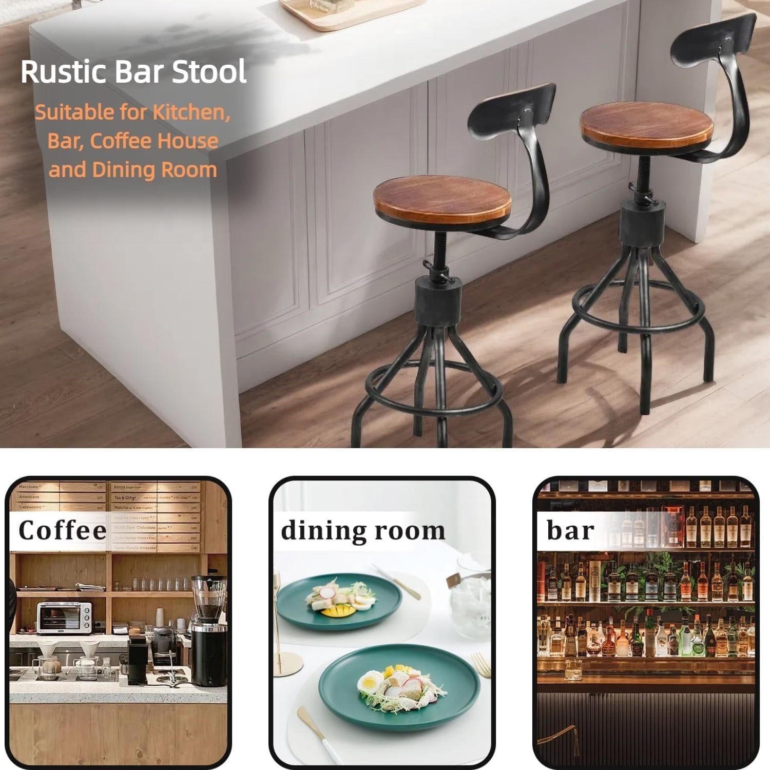 Industrial Swivel Bar Stool Set of 2 Adjustable 23-33 Inch Height