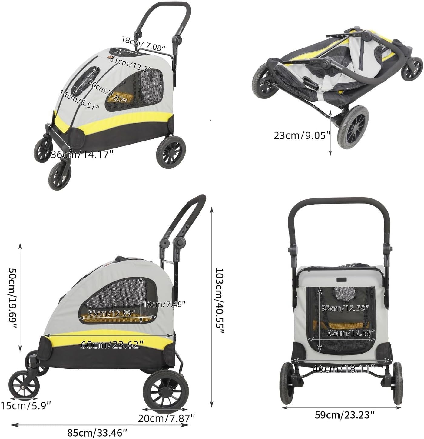 Heavy Duty Pet Stroller with Brakes Oversized Wheels Small Dogs Cats Yellow