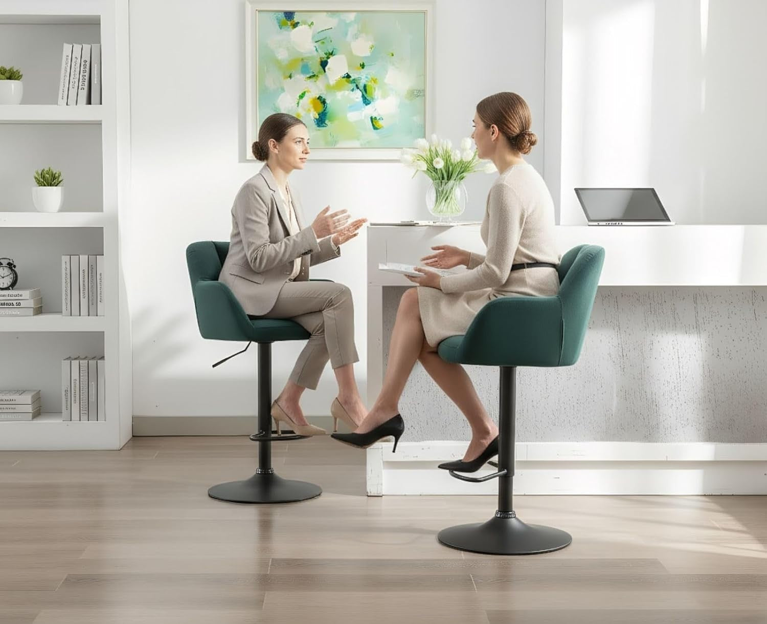 Adjustable Green Velvet Bar Stools Set of 2 Swivel Kitchen Counter