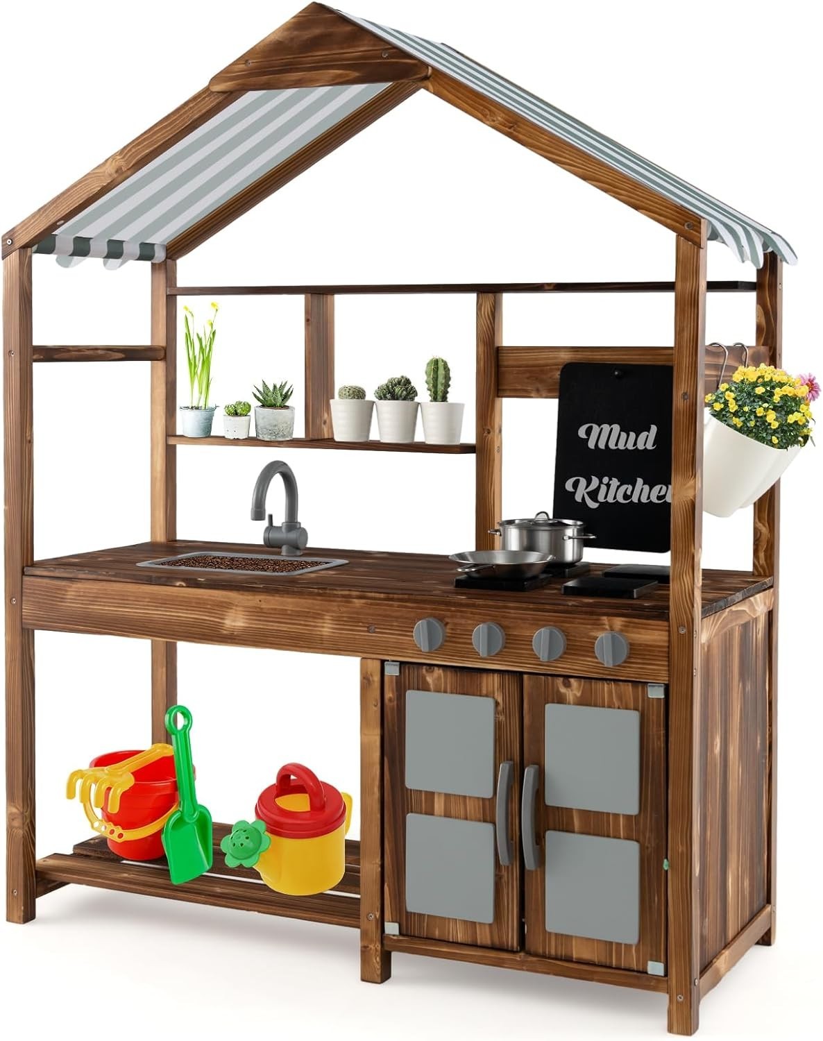Outdoor Mud Kitchen Kids Wooden Playset w/ Canopy Sink Chalkboard