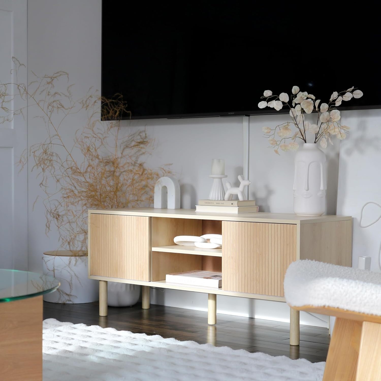 Modern Wood TV Unit Cabinet Stand with Storage Shelves & Sliding Doors