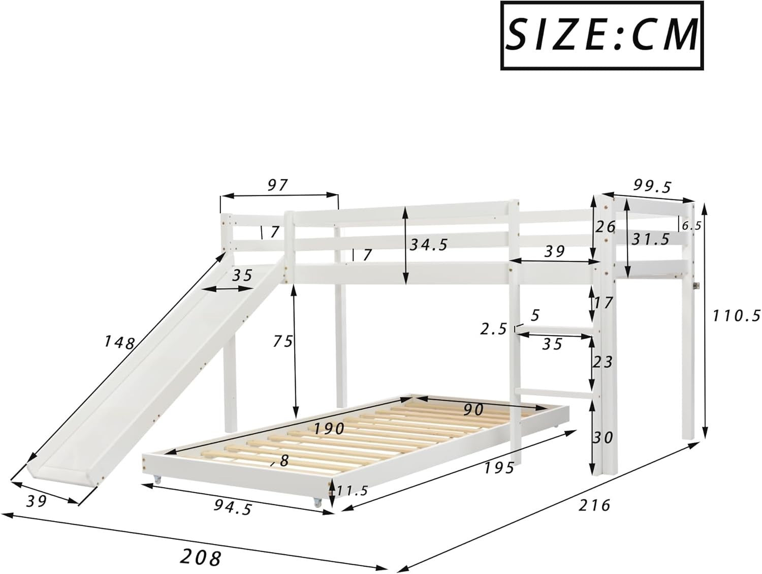 3FT Kids Bunk Bed with Slide & Adjustable Ladder, Space-Saving Pine Frame.