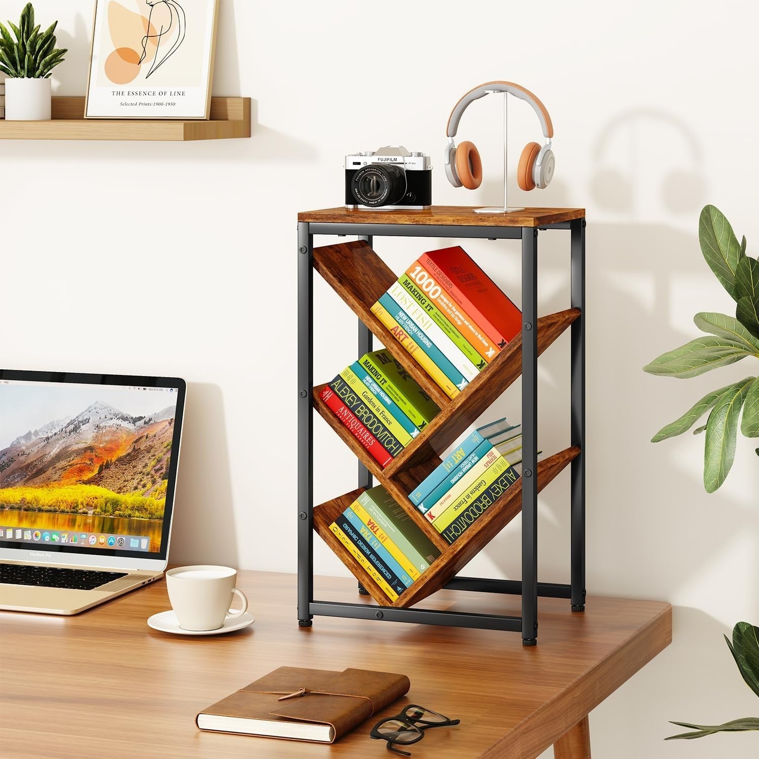 5-Tier Rustic Brown Tree Bookshelf Small Desktop Storage Organizer