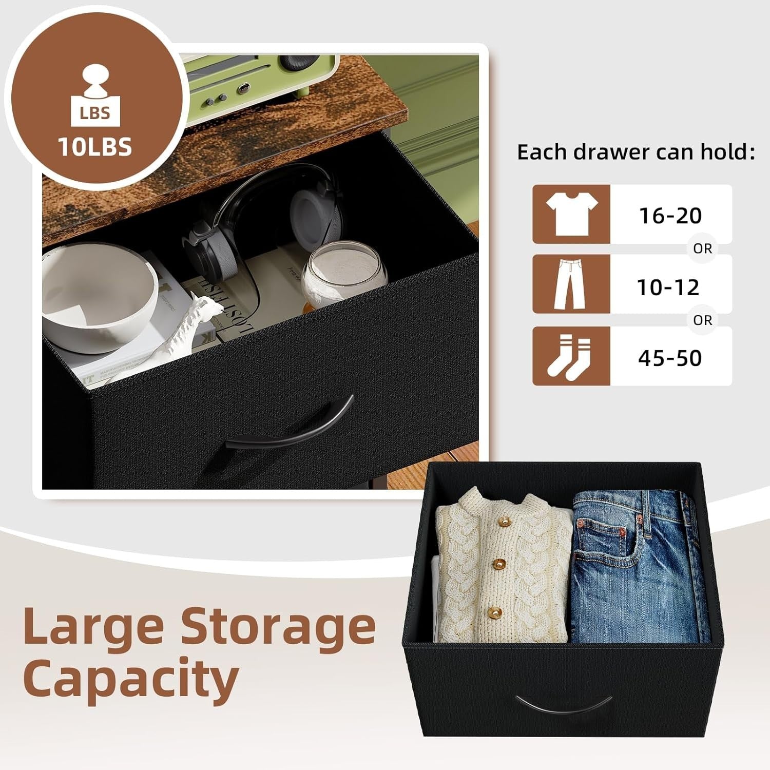 Black Bedside Tables Set of 2 with Fabric Drawers, Rustic Wood Top Nightstands
