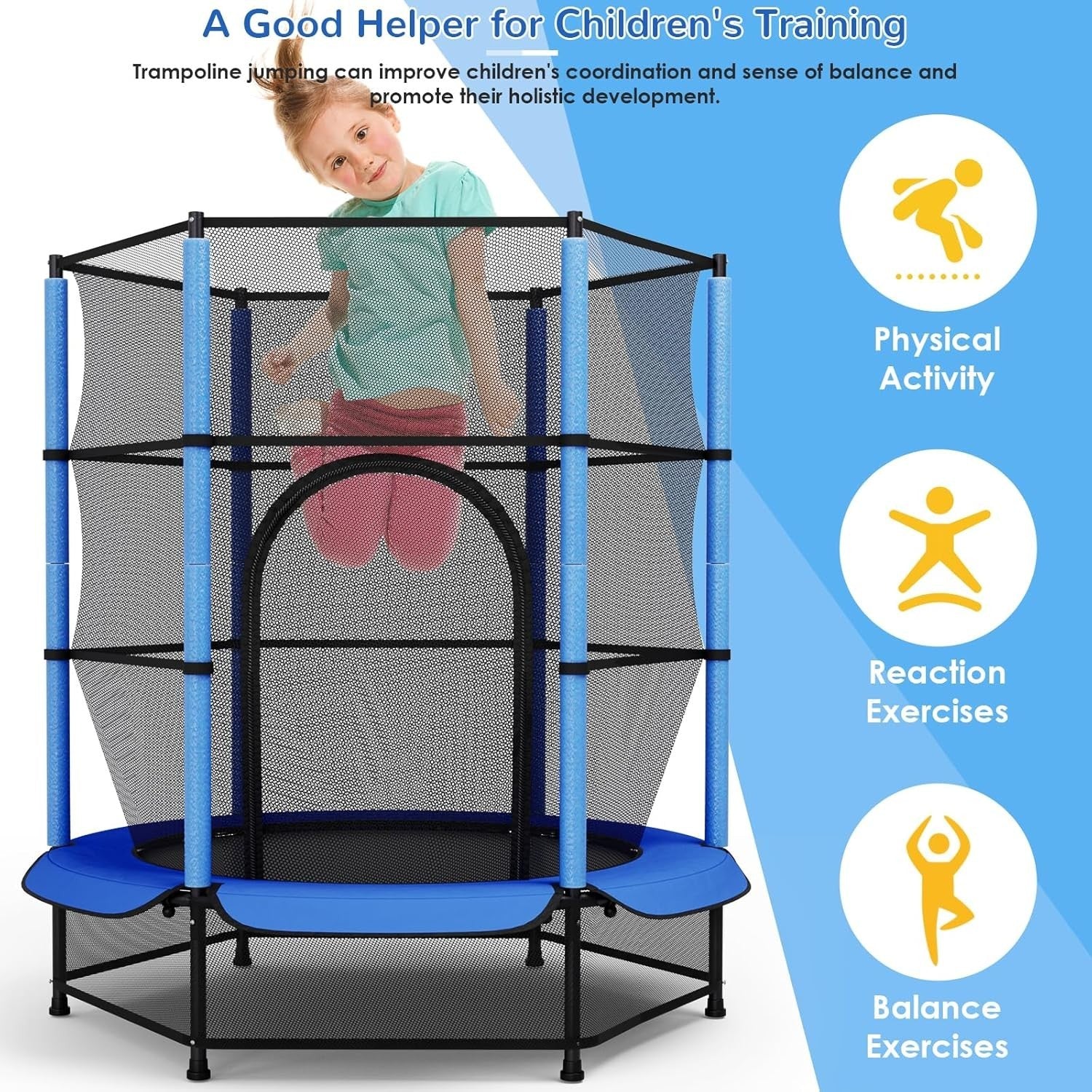 55” Kids Trampoline Indoor Outdoor Safety Net Floor Guard Ages 3–10