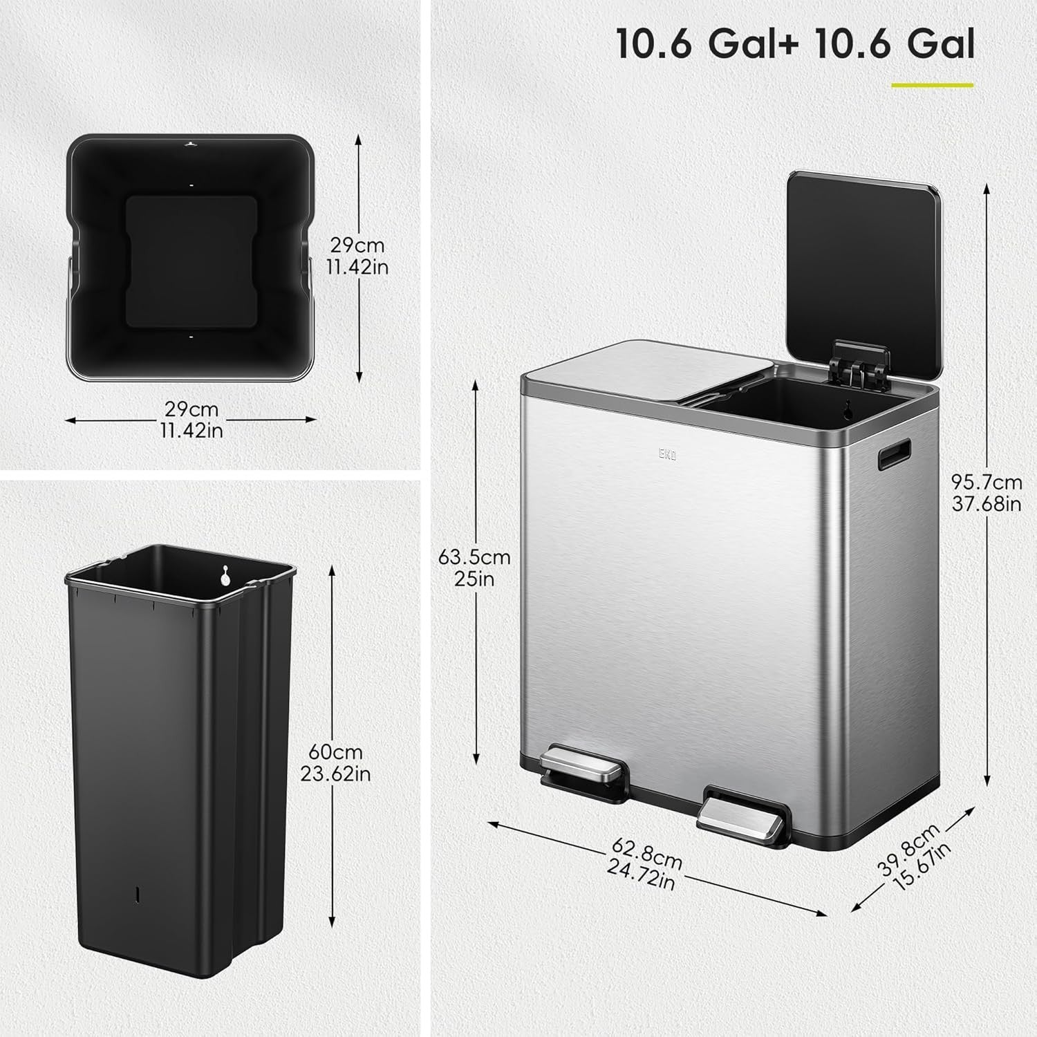 60L Dual Recycling Kitchen Bin 30L+30L Matt Black Pedal