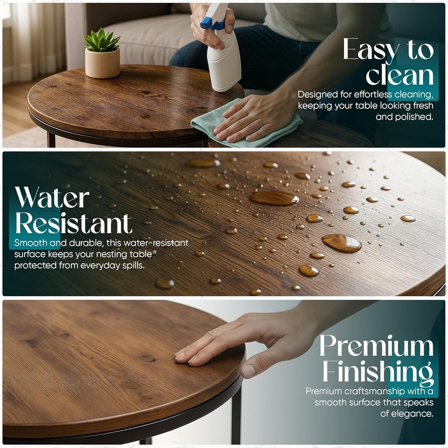 Rustic Wood Nesting Coffee Table Set, Round Stackable Side End Tables, Space Sav