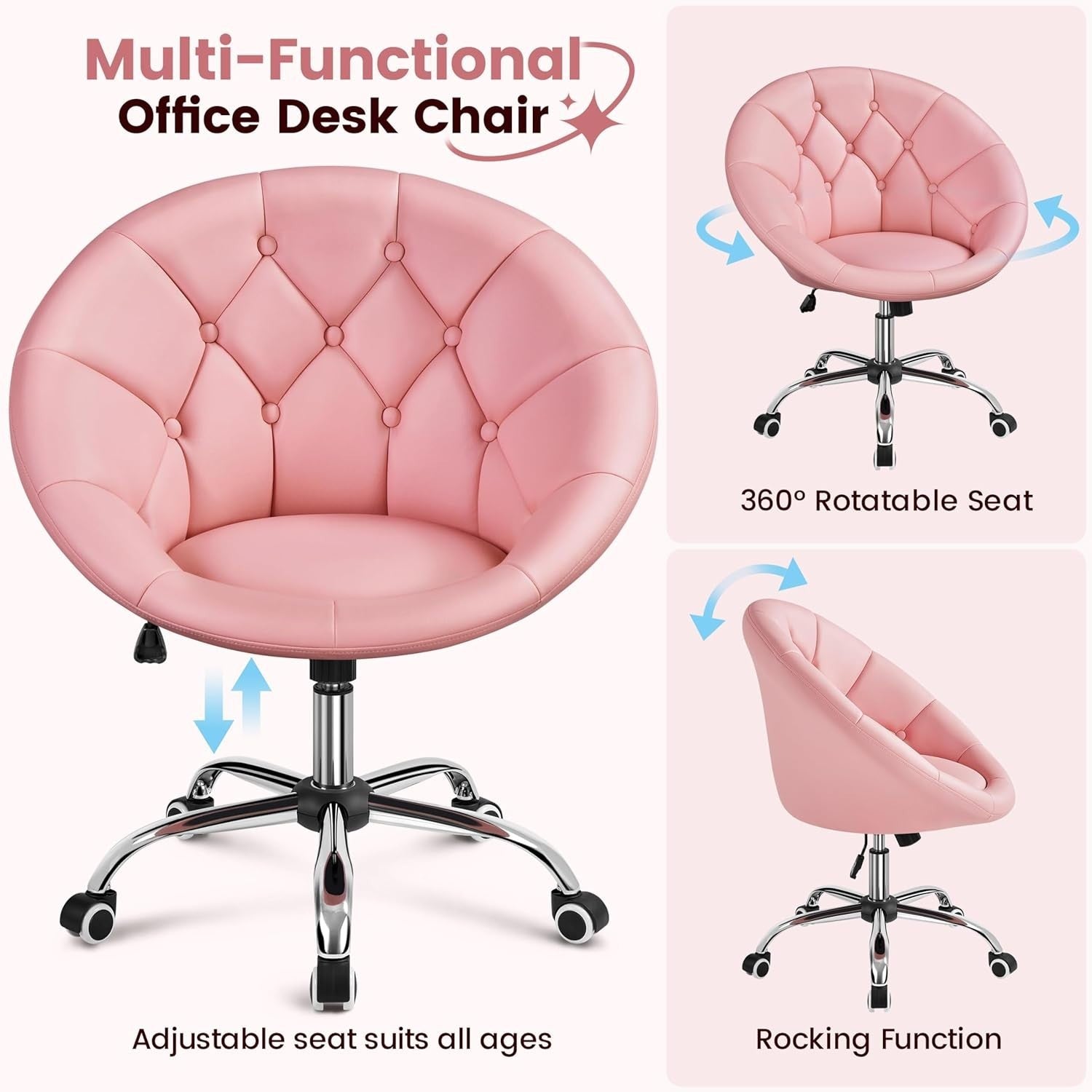 Pink PU Leather Swivel Barrel Chair Adjustable Modern Vanity Office Accent Seat